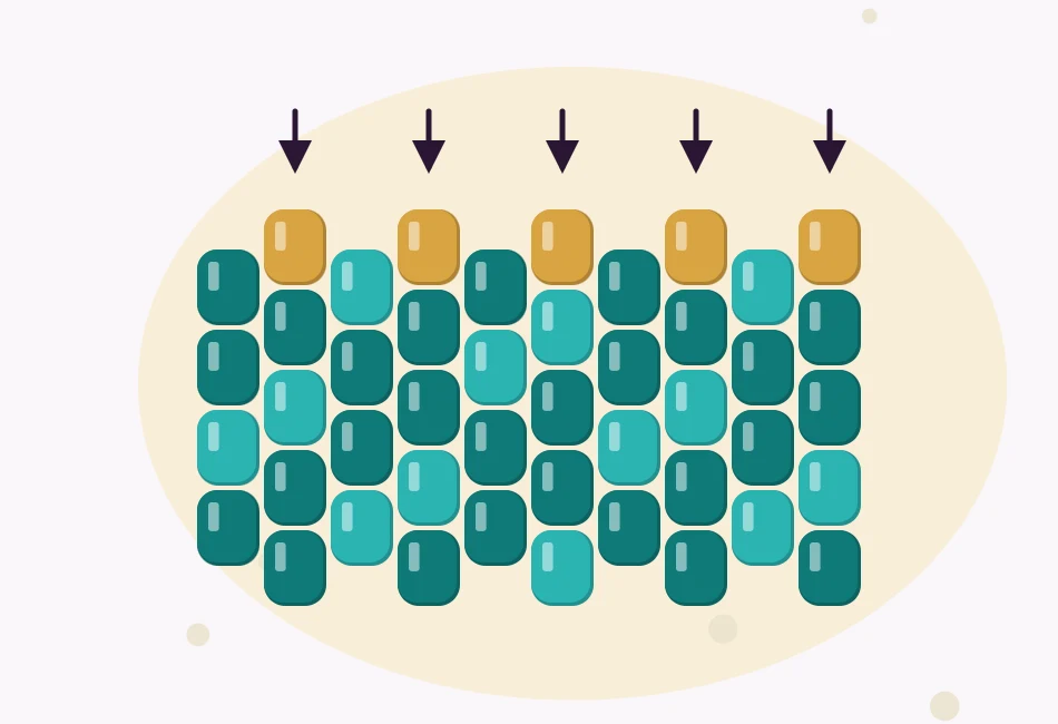 Illustration of a flat peyote swatch with offset columns of beads and the raised beads of the last row shown in a contrasting color