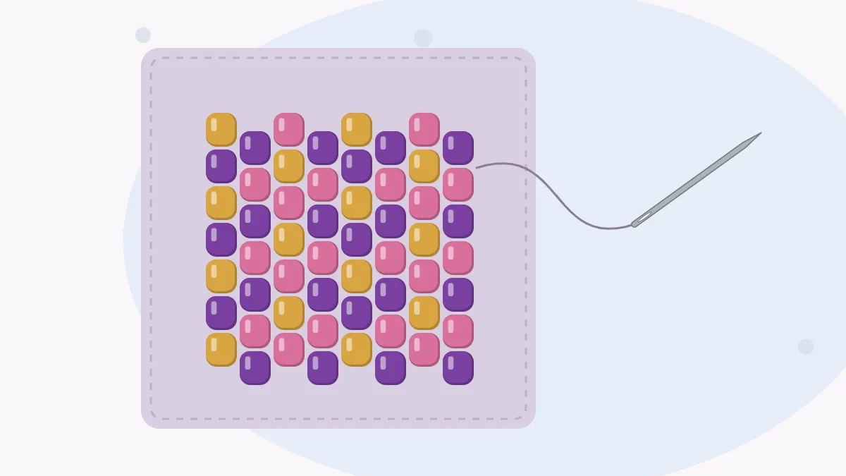 Illustration of a small woven swatch of seed beads with a beading needle and thread attached