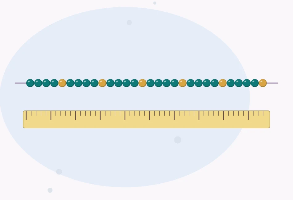 Illustration of a bracelet-length strand of round beads lying straight along a ruler