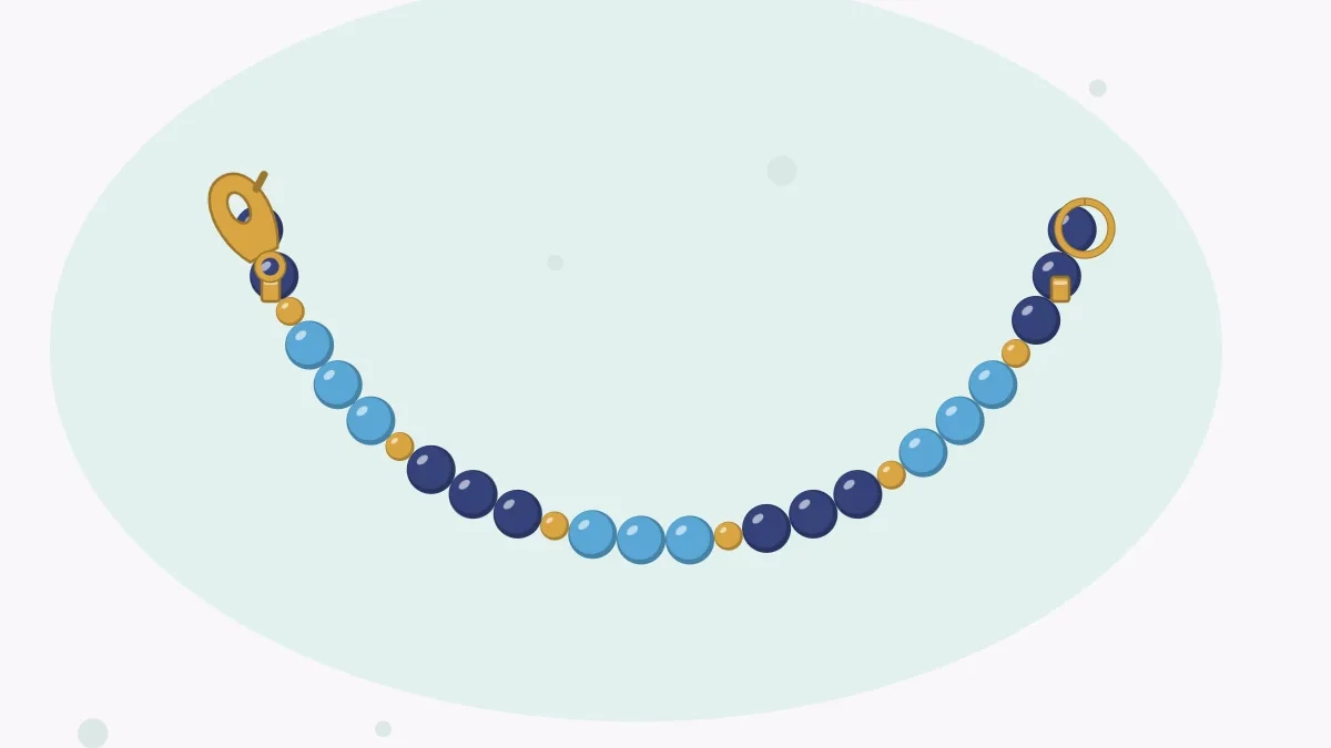 Illustration of a strung bead bracelet lying in an open curve with a lobster clasp at one end and a ring at the other