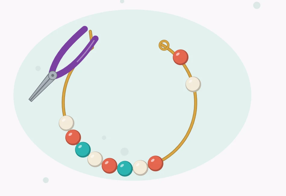 Illustration of an open wire hoop with round beads sliding onto it while pliers bend the tip of the wire upward