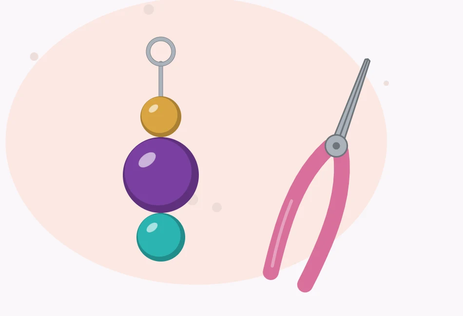 Illustration of a headpin holding three stacked beads with a round wire loop at the top, lying next to a pair of round-nose pliers