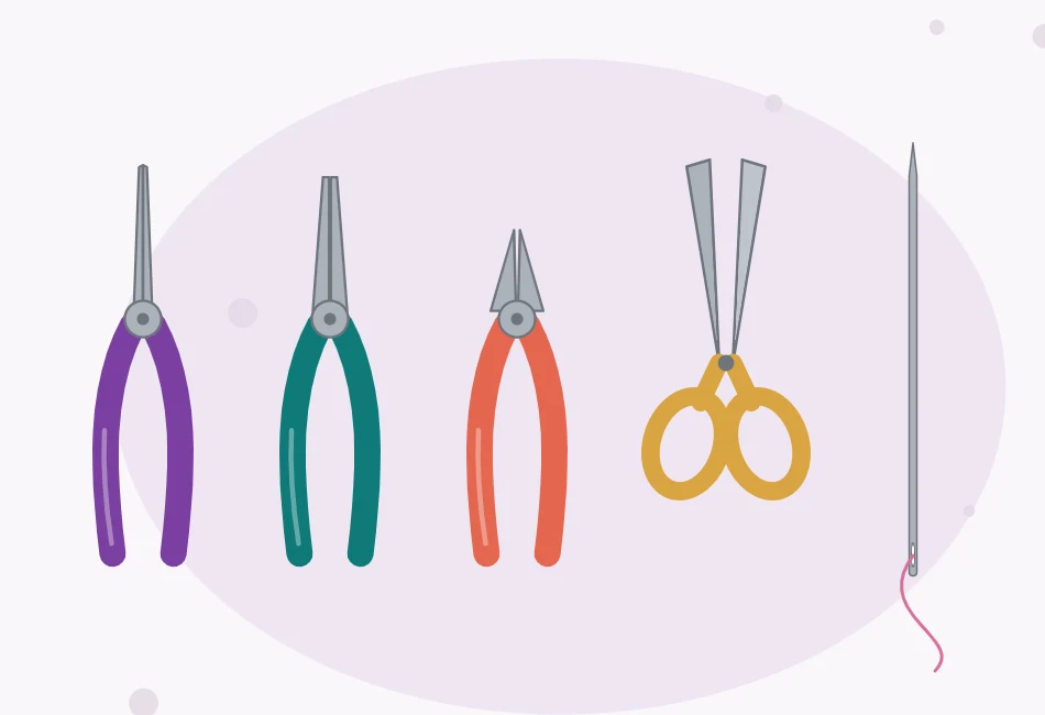 Illustration of a starter toolkit in a row: round-nose pliers, chain-nose pliers, wire cutters, scissors and a beading needle