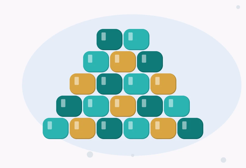 Illustration of a triangle of seed beads in rows of six, five, four, three and two beads, each row offset like bricks