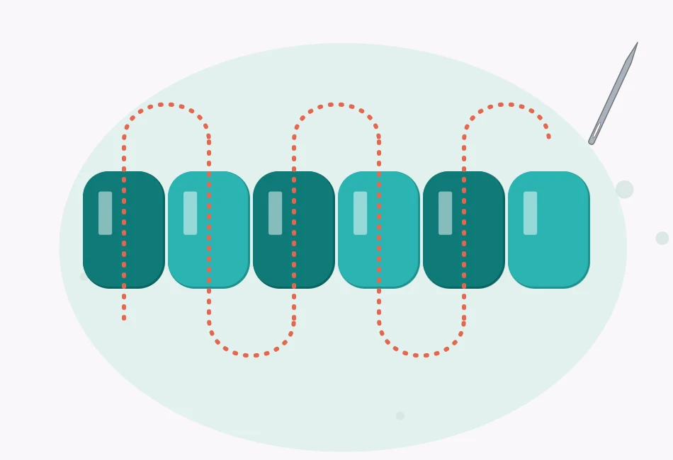 Illustration of a base row of six seed beads joined side by side, with the thread looping through each pair of neighboring beads