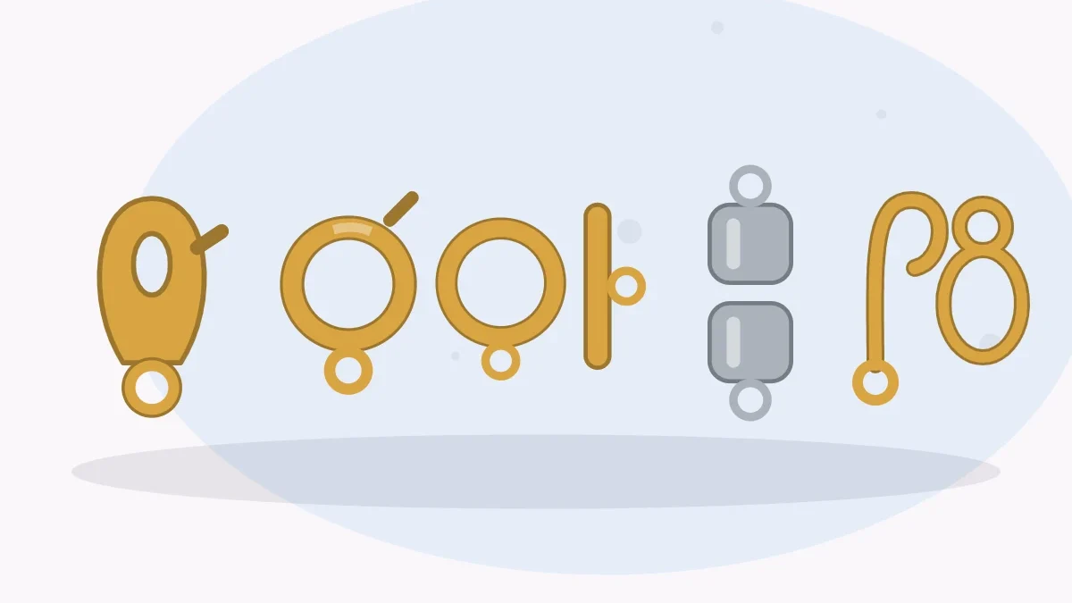 Illustration of five clasp types in a row: lobster clasp, spring ring, toggle, magnetic barrel and hook and eye