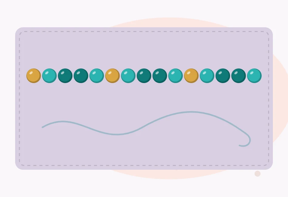 Illustration of teal and gold round beads laid in a row on a bead mat in pattern order, with a length of clear elastic cord beside them