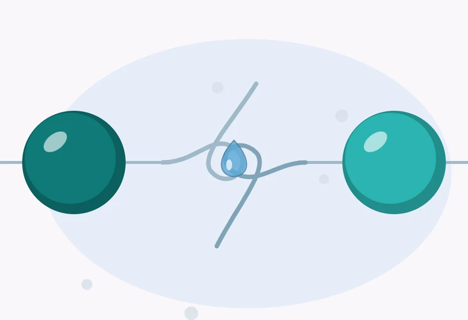 Illustration of the two ends of an elastic cord tied in a knot beside a round bead, with a small dot of glue on the knot