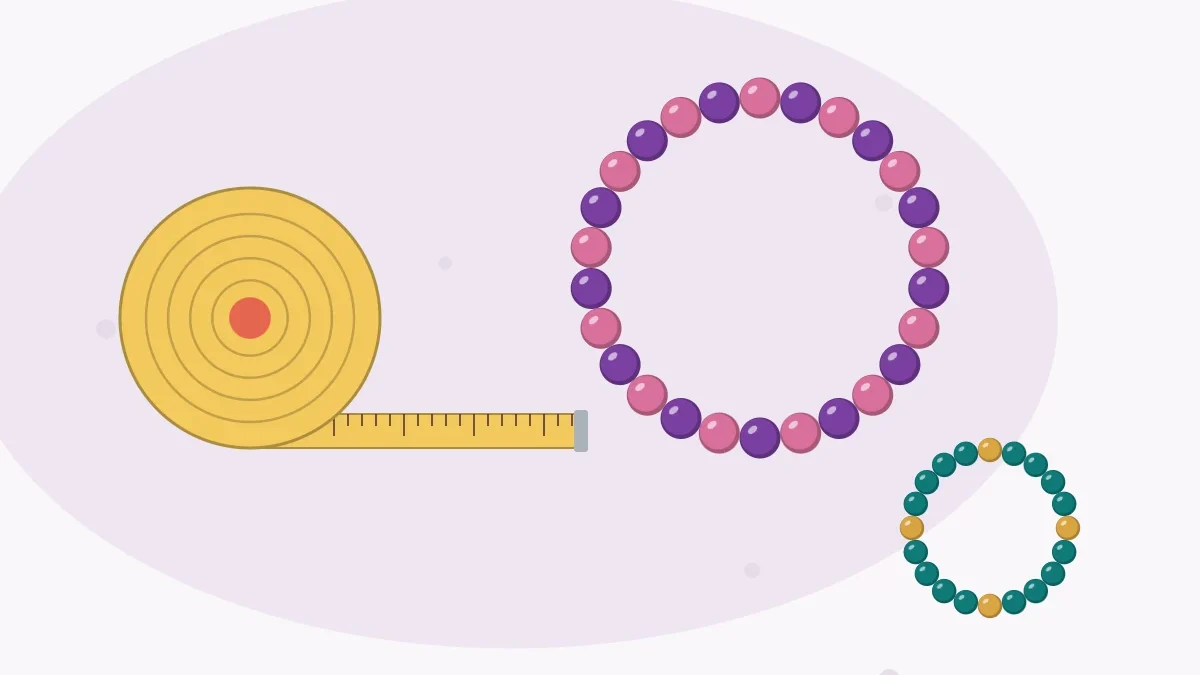Illustration of a coiled tape measure beside a bead bracelet and a bead ring