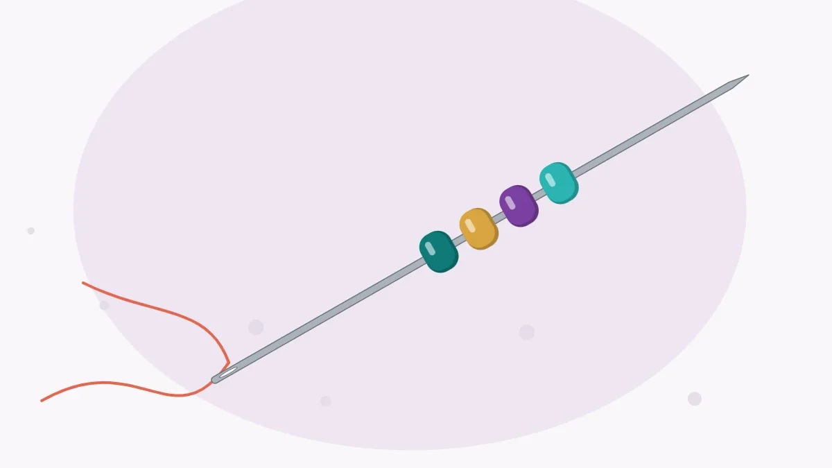 Illustration of a beading needle with thread through its eye and a few seed beads sitting on the needle