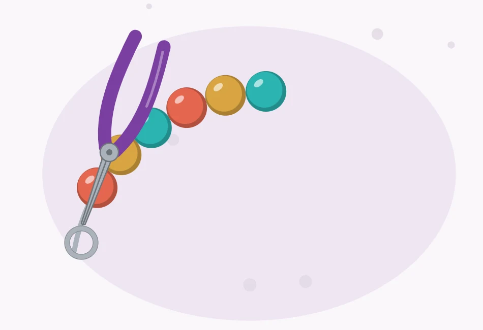 Illustration of the end of a beaded wire coil with a small loop being turned by round-nose pliers