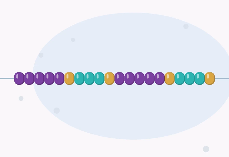 Close-up illustration of seed beads on a cord in repeating blocks of two colors, with a single gold bead between each block