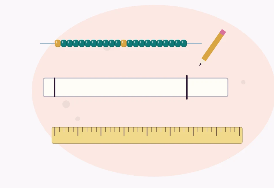 Illustration of a short ring-length strand of seed beads lying beside a paper strip with a pencil mark and a ruler
