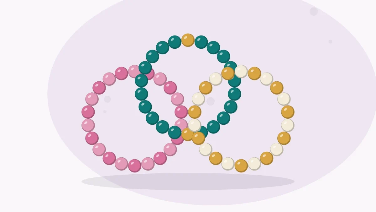 Illustration of three thin seed bead rings in different colors stacked together