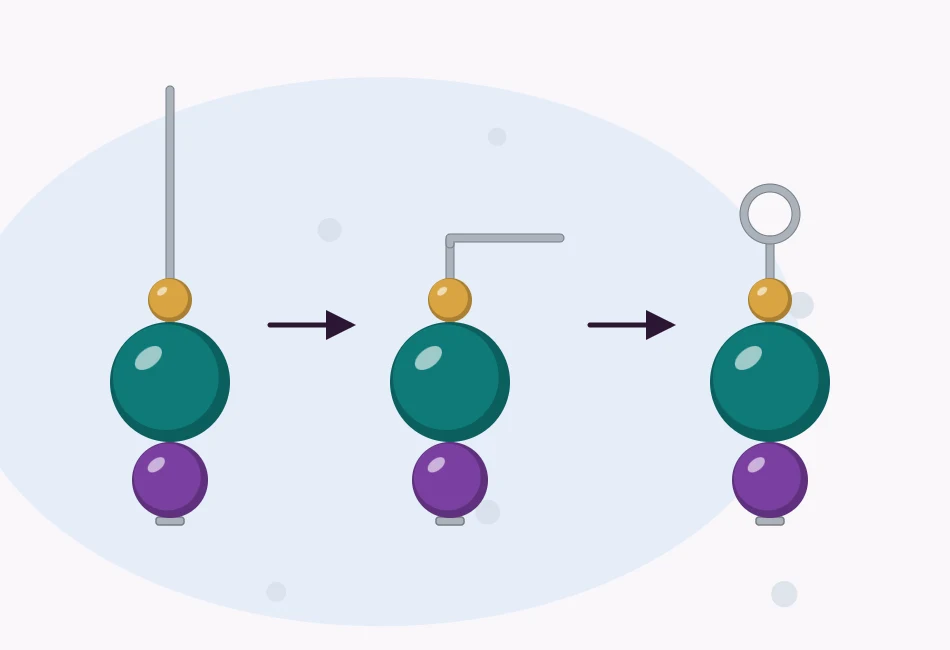 Illustration of three stages of a simple loop: beads on a straight headpin, the wire bent at a right angle, and the finished round loop above the beads