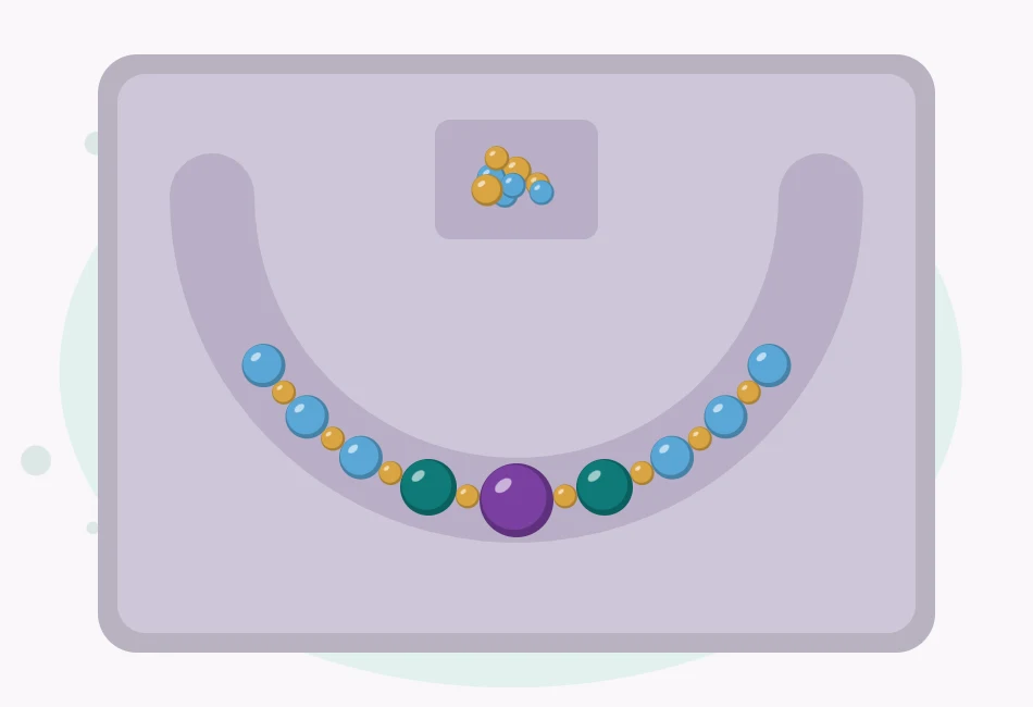 Illustration of beads arranged in a U-shaped layout channel, with larger beads at the bottom of the curve and matching smaller beads up both sides