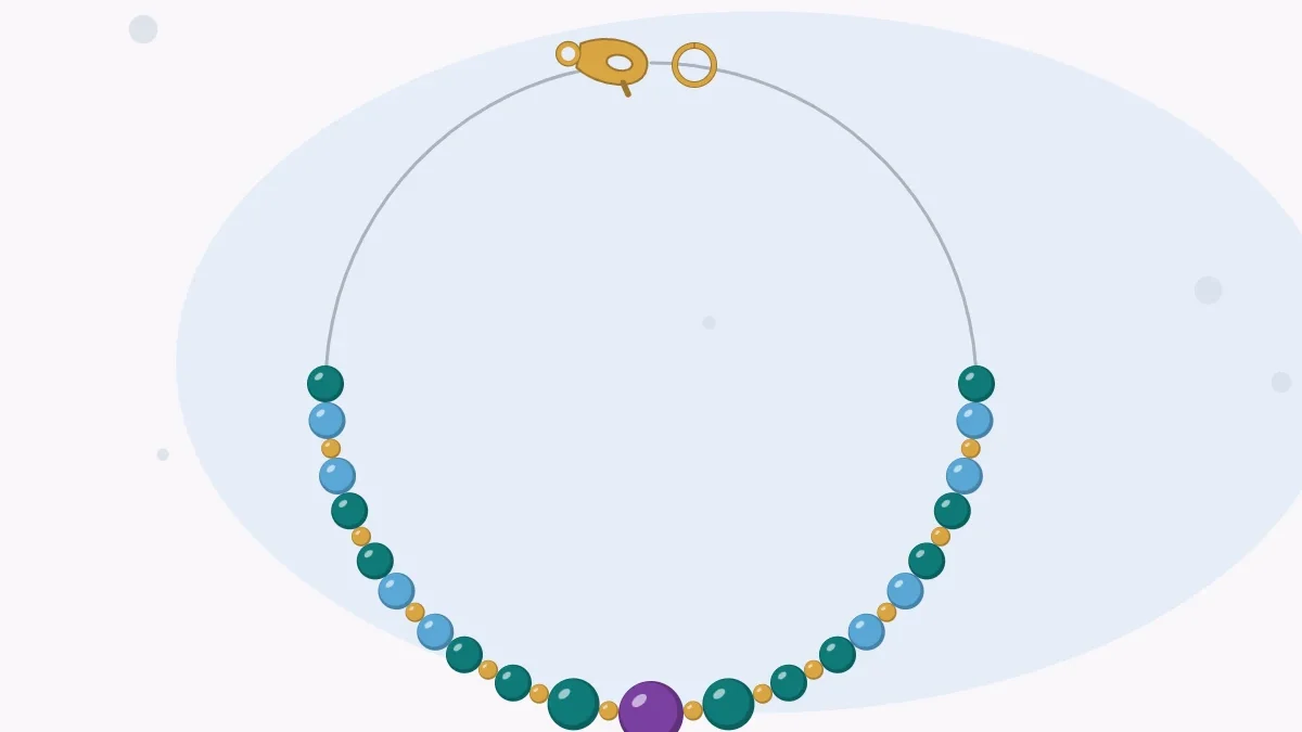Illustration of a U-shaped beaded necklace strand with larger beads at the center and a clasp at the top