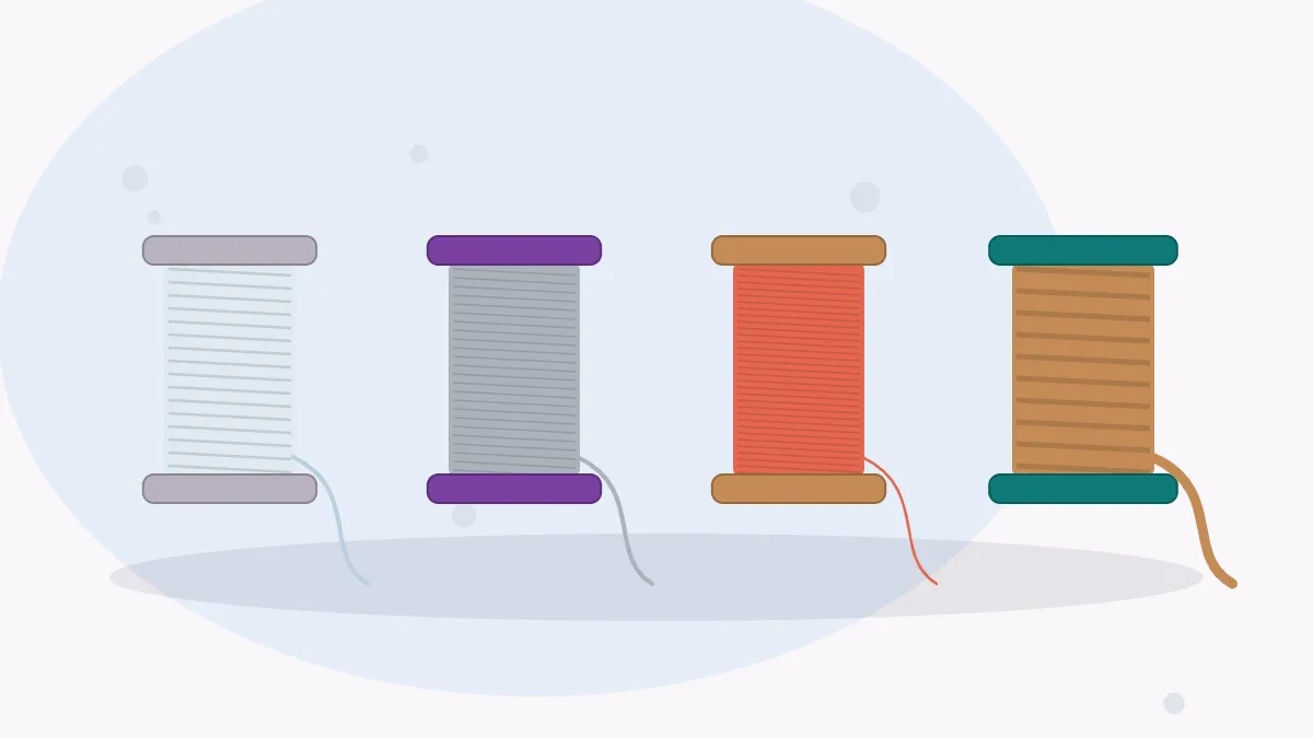 Illustration of four spools of stringing material: clear elastic cord, silvery beading wire, colored thread and thick cord