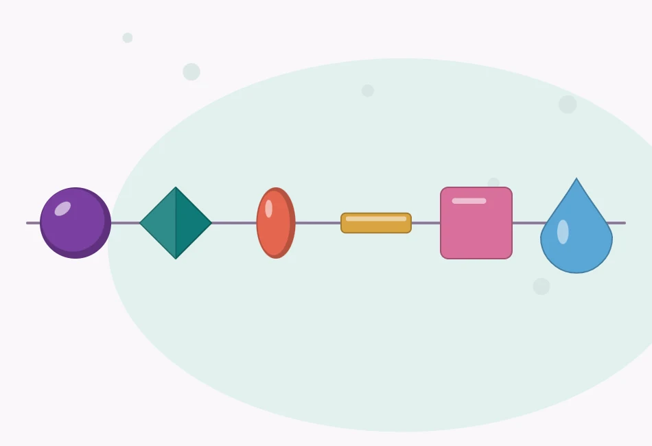 Illustration of six bead shapes in a row: round, bicone, rondelle, bugle tube, cube and teardrop