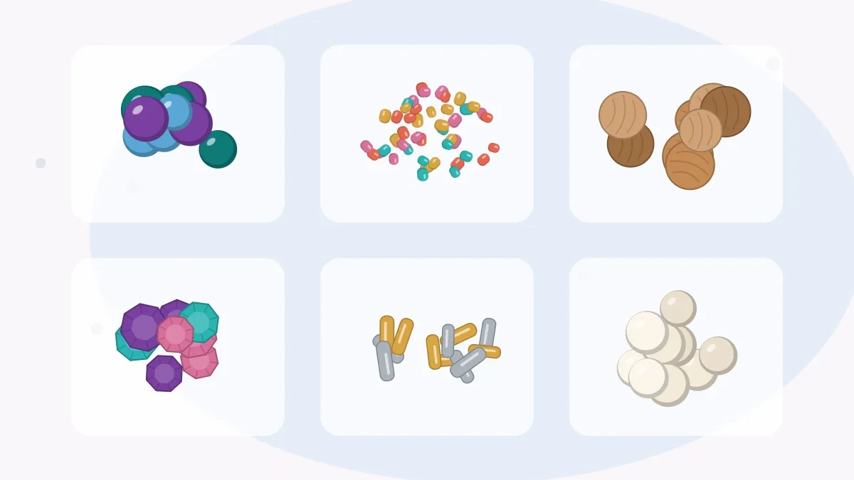 Illustration of six groups of beads: round glass beads, tiny seed beads, wooden beads, faceted beads, metal spacer beads and pearls